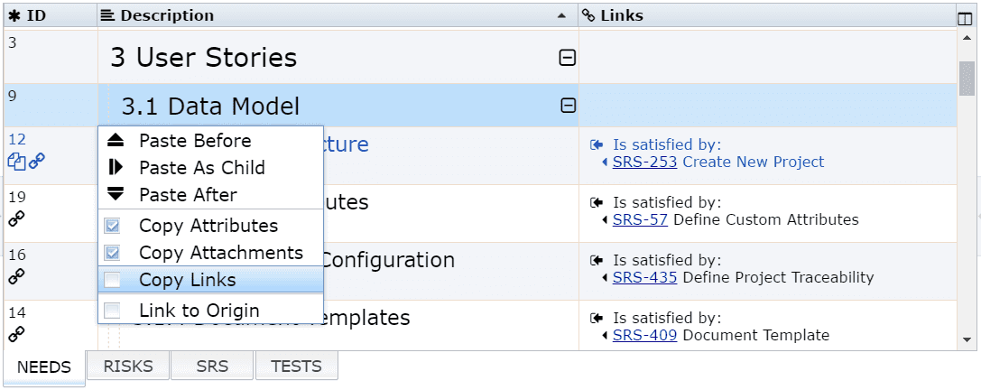 Paste requirement with copying traceability links