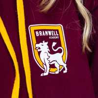 A hoodie with a school logo printed on the front left chest area.