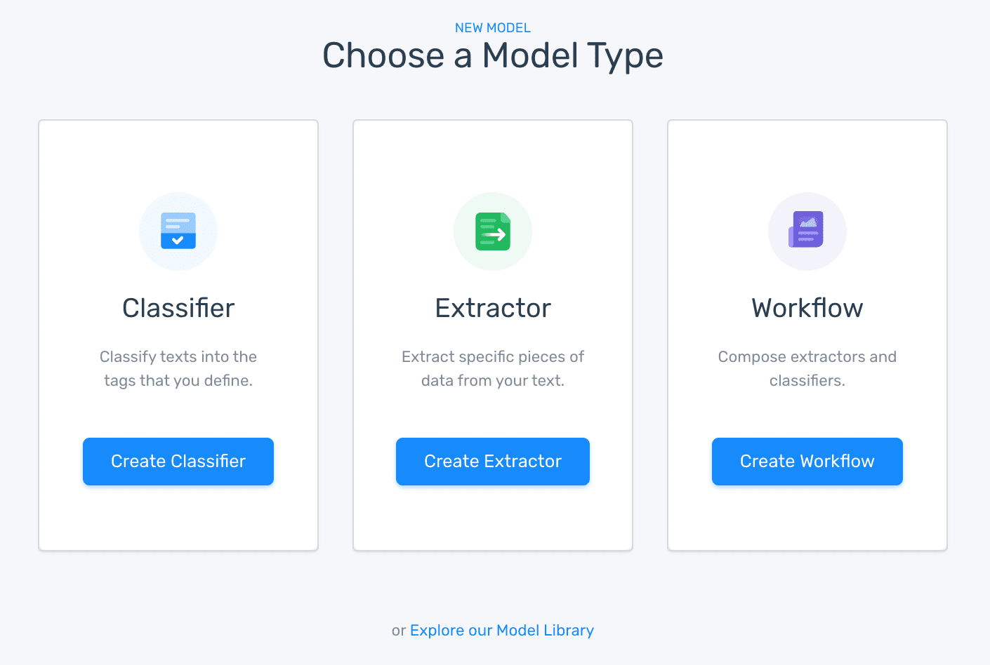 The option to choose a model type: Classifier, Extractor, or Workflow.