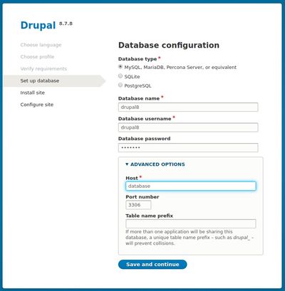 Screenshot of the Database configuration assitant from Drupal
