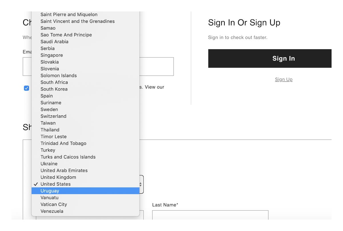 Dropdown list of countries, from the letters S to V