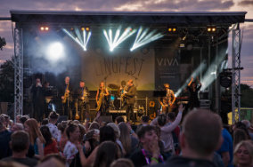 Lingfest 2019 Blunter Brothers band on stage at dusk with crowd dancing ©Brett Butler