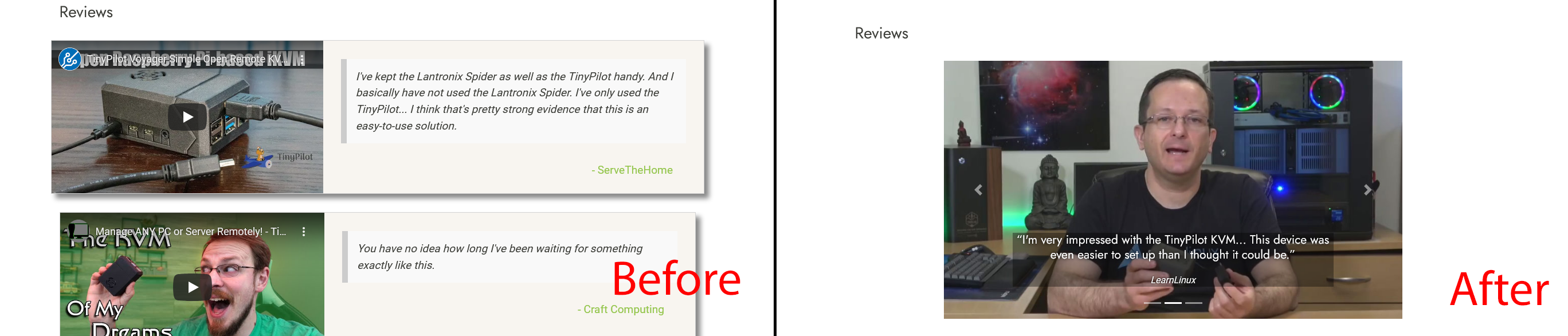 Before and after shots of reviews on TinyPilot website