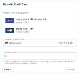A screenshot of the _Pay with Credit Card_ modal dialog showing previous credit cards on file