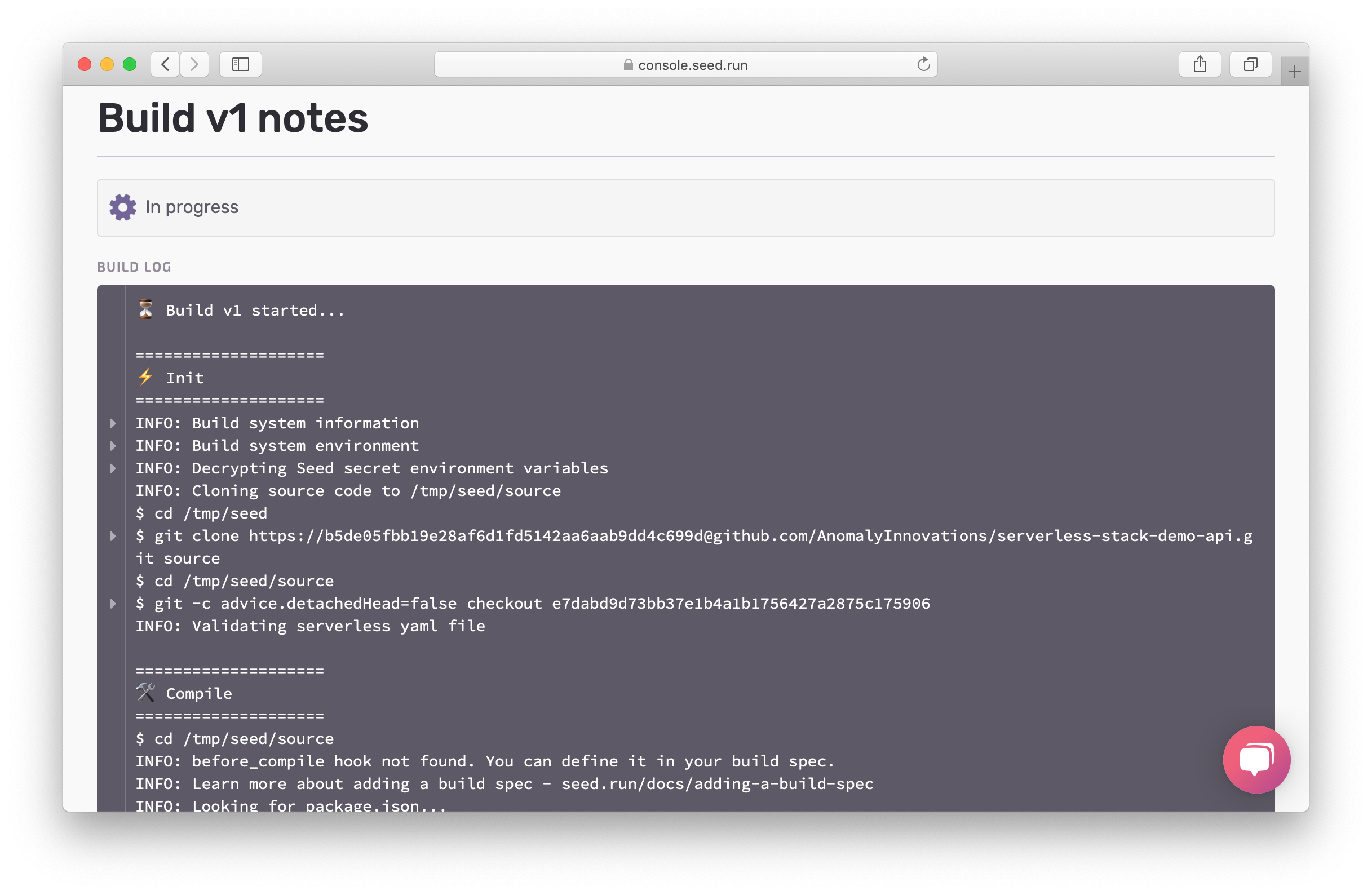 Dev build logs in progress screenshot