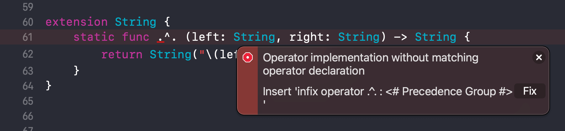 Operator implementation without matching operator declaration error