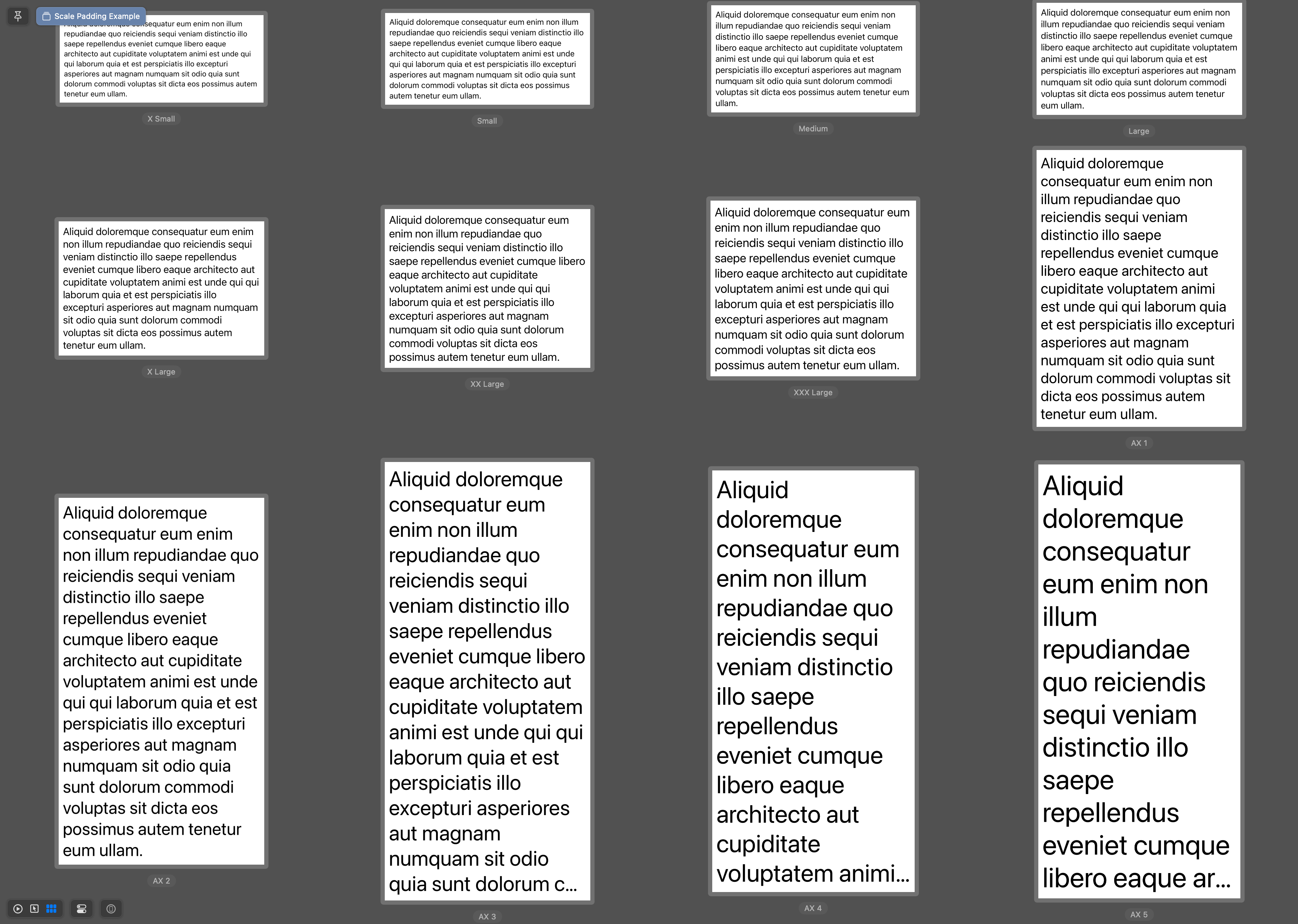The `body` text style in different accessibility settings.