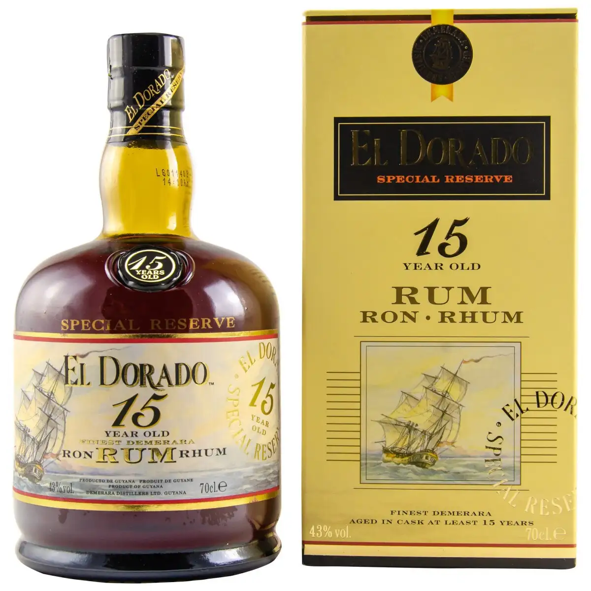 Image of the front of the bottle of the rum El Dorado 15