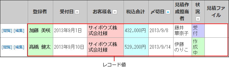 レコード名の位置を示した画像