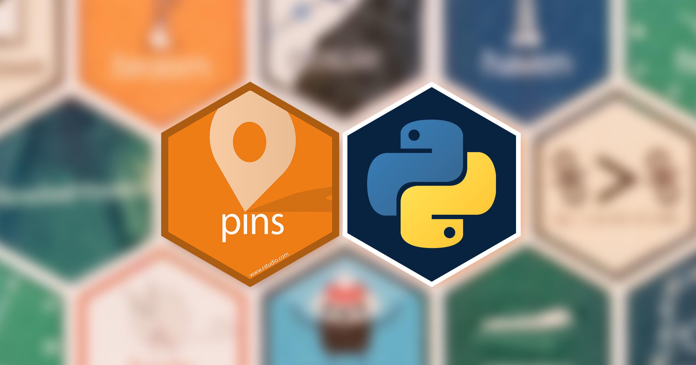 Thumbnail Two hex stickers: the pins hex sticker, orange with a pin, the Python logo, two intertwining snakes. The background is a fuzzy collage of other hex stickers.