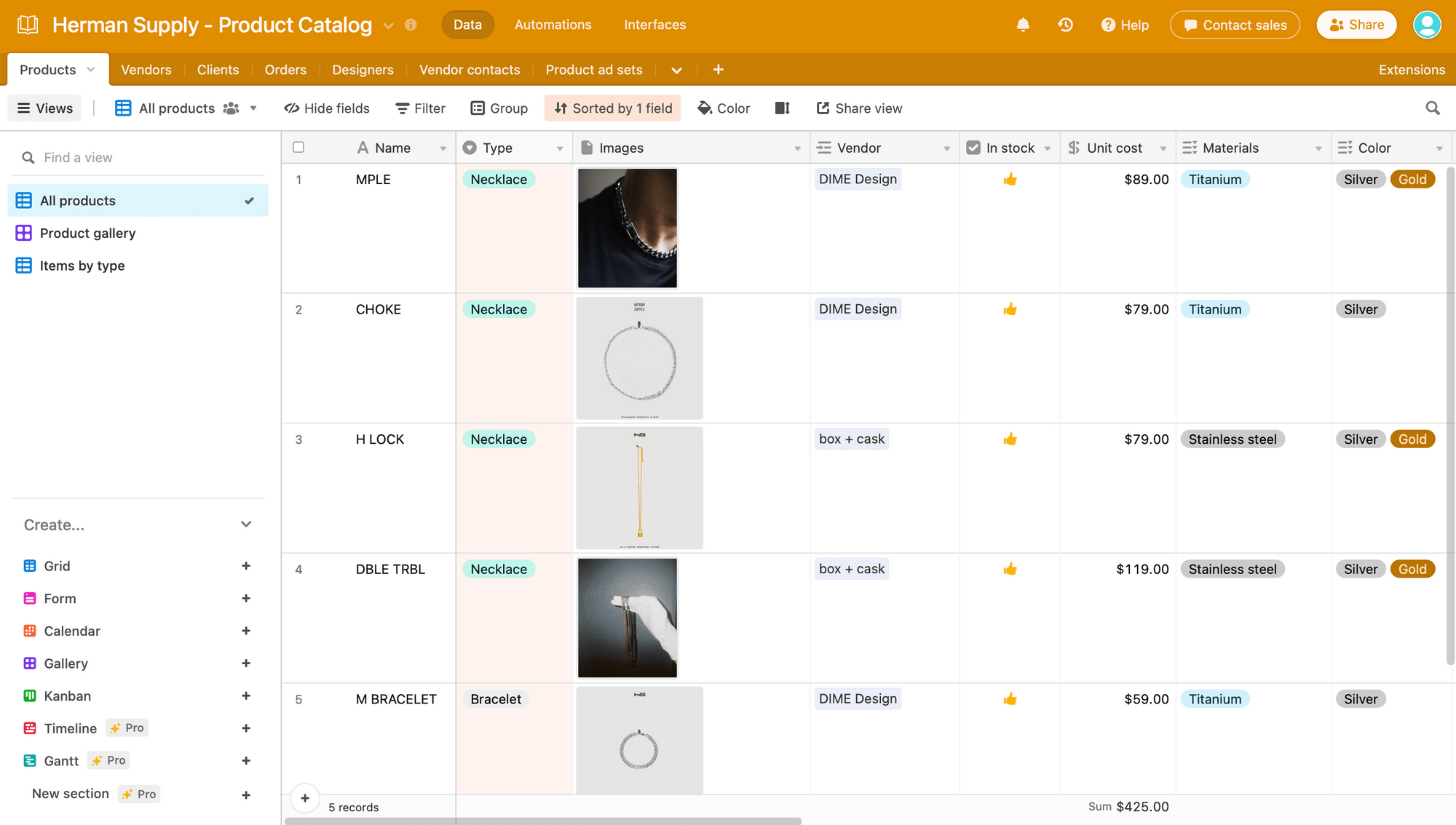 Screenshot of Airtable product catalog table