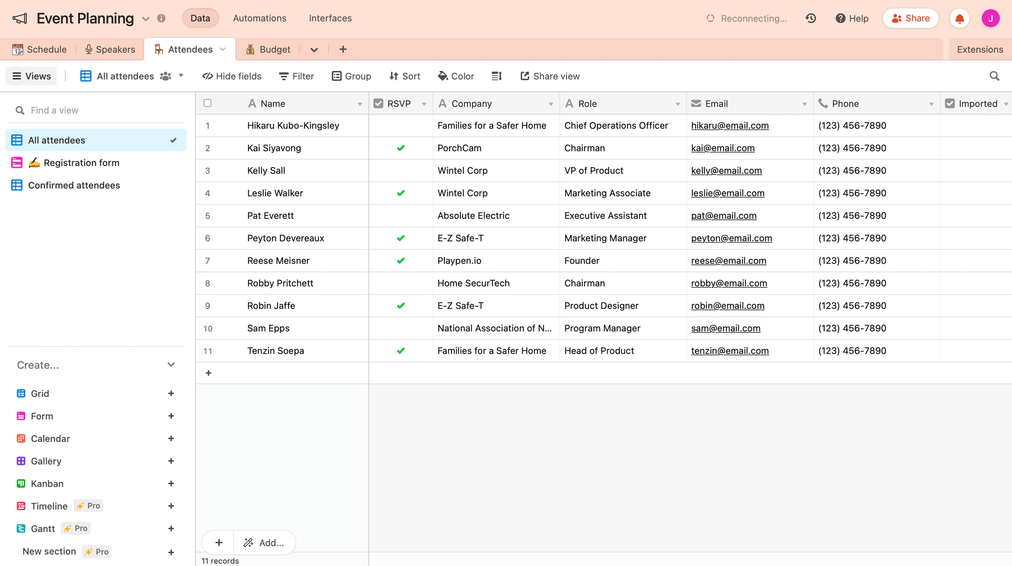 Screenshot of Airtable event planning base