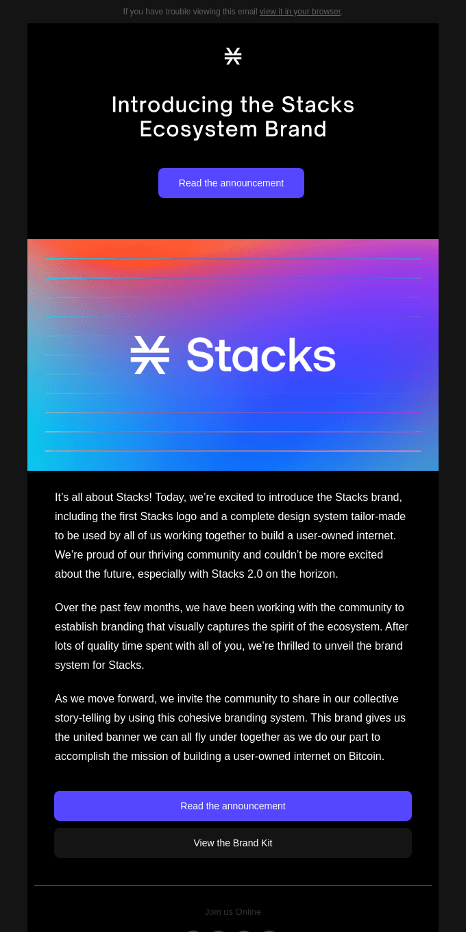 SaaS Product Launch Emails: Screenshot of Stacks's launch email