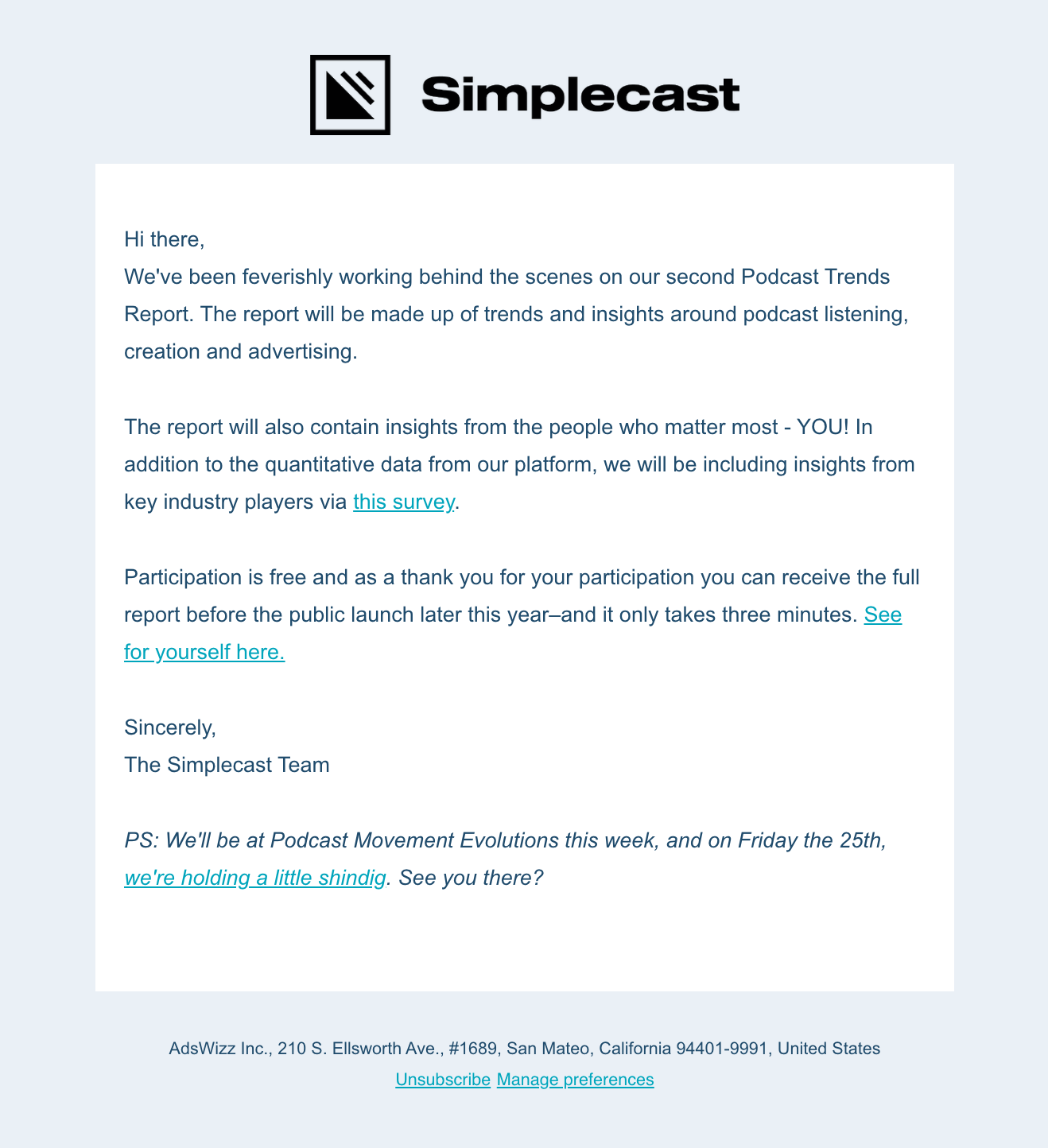 Survey Email Examples: Screenshot of Simplecast's survey email