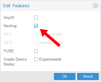 Screenshot of the Proxmox Edit Features dialog showing that Nesting is now checked