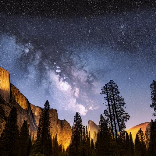 A National Geographic photograph of Yosemite mountain scenery at midnight, full of trees, forest, photorealistic, starry night