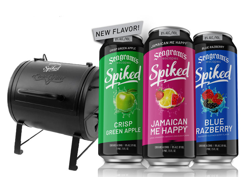 Example of a Seagram's Escapes Spiked branded portable grill with three cans of Seagram's Escapes Spiked.