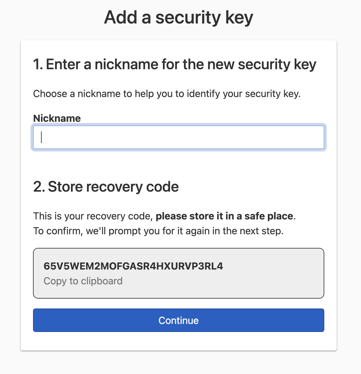 Security key nickname with recovery code