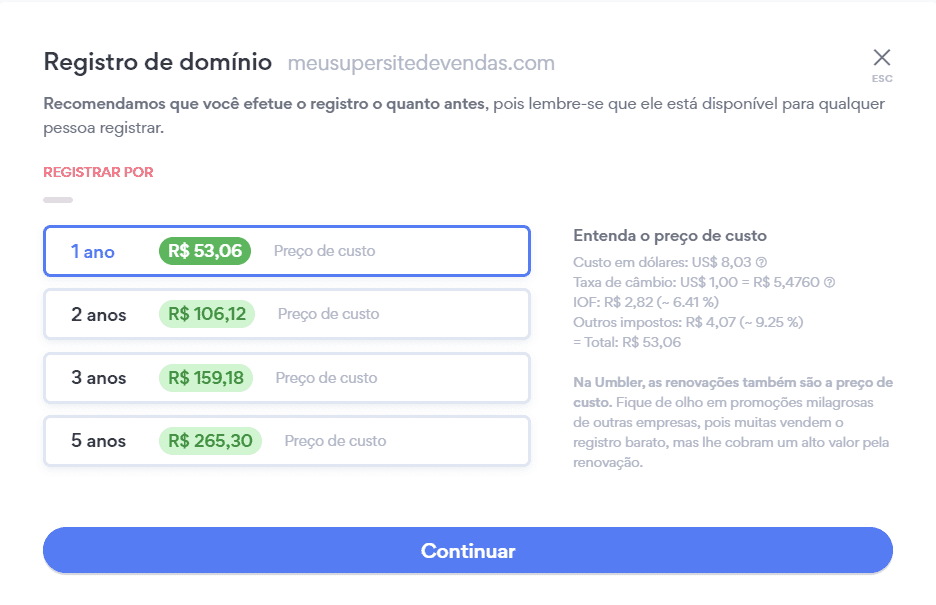 Tela de escolha de período de tempo