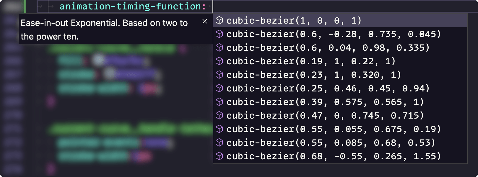 VS Code auto-completing cubic-bezier with a variety of options in a pop-up UI