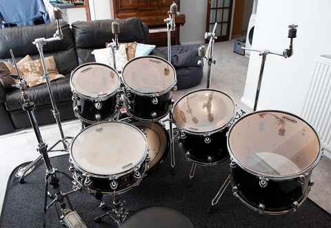 Player view of my 6 piece Premier Genista Birch Drum kit.