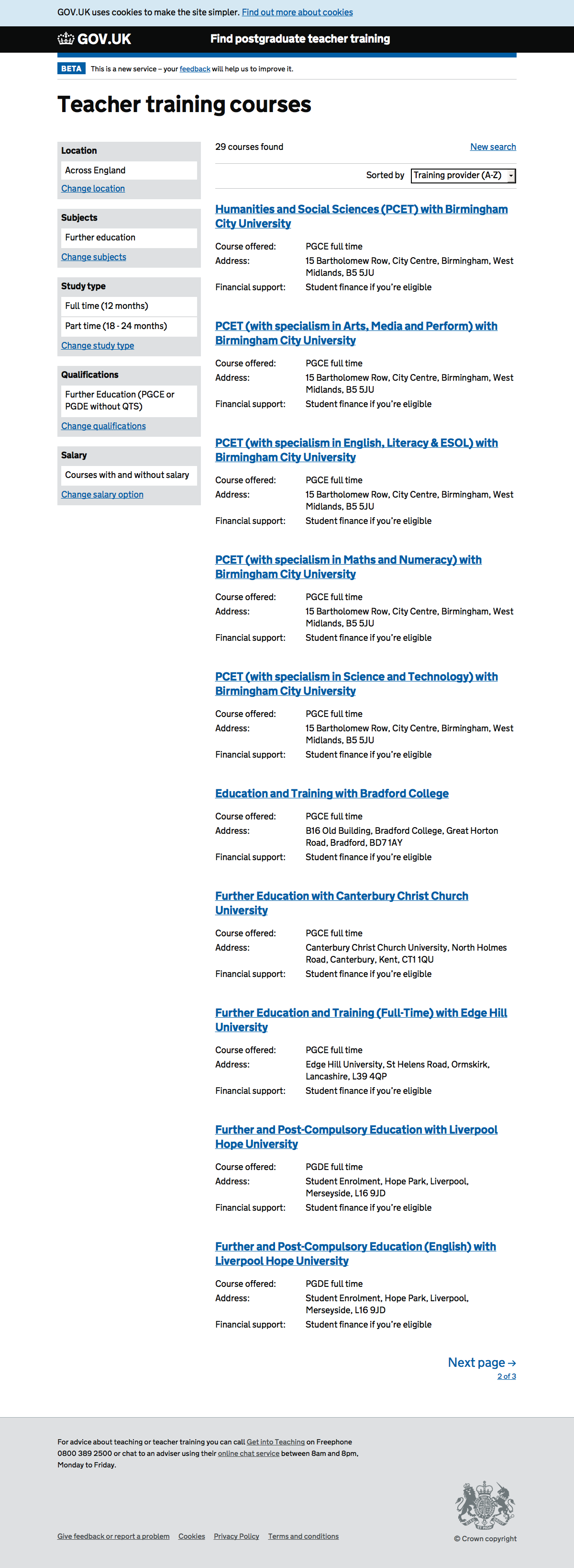 Screenshot of Further education search results