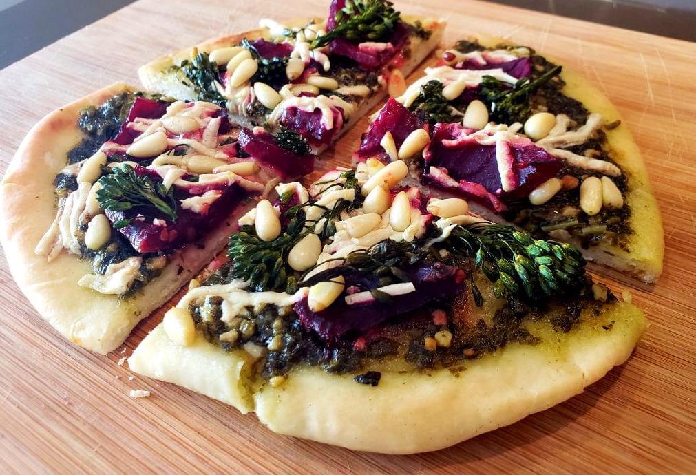 Flatbread with beets, vegan cheese, broccolini