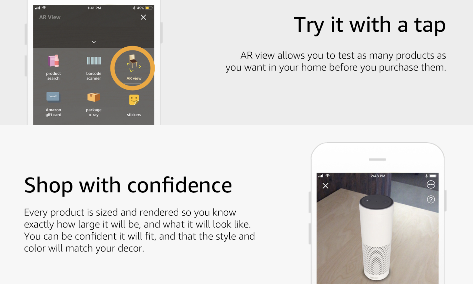 Screenshot of the Amazon's AR app functionality
