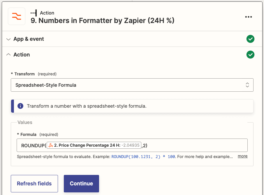 Screenshot of Zapier Formatter by Zapier Numbers action (24H %)