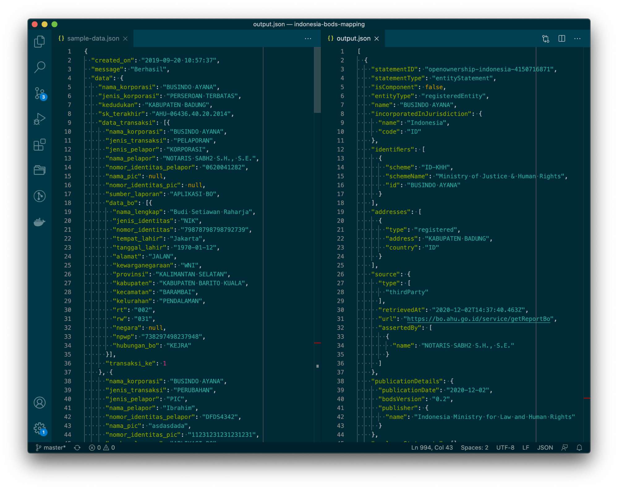 Screenshot of Indonesia's example JSON alongside BODS JSON code output