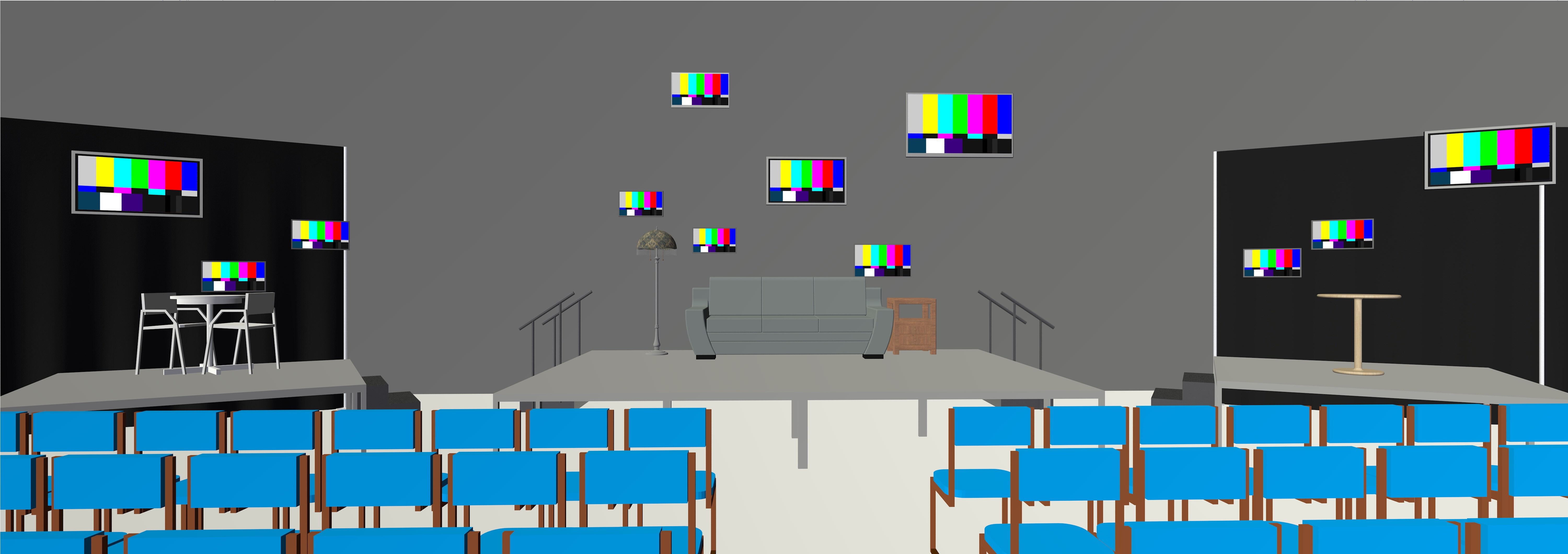 Computer rendering of the set design, including the 12 video screens.