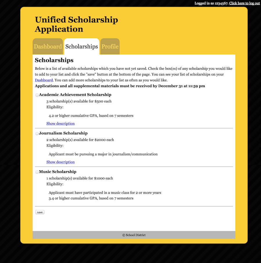 A list of available scholarships with descriptions, availability, eligibility, and tools to add the scholarships to the user's list of applications.
