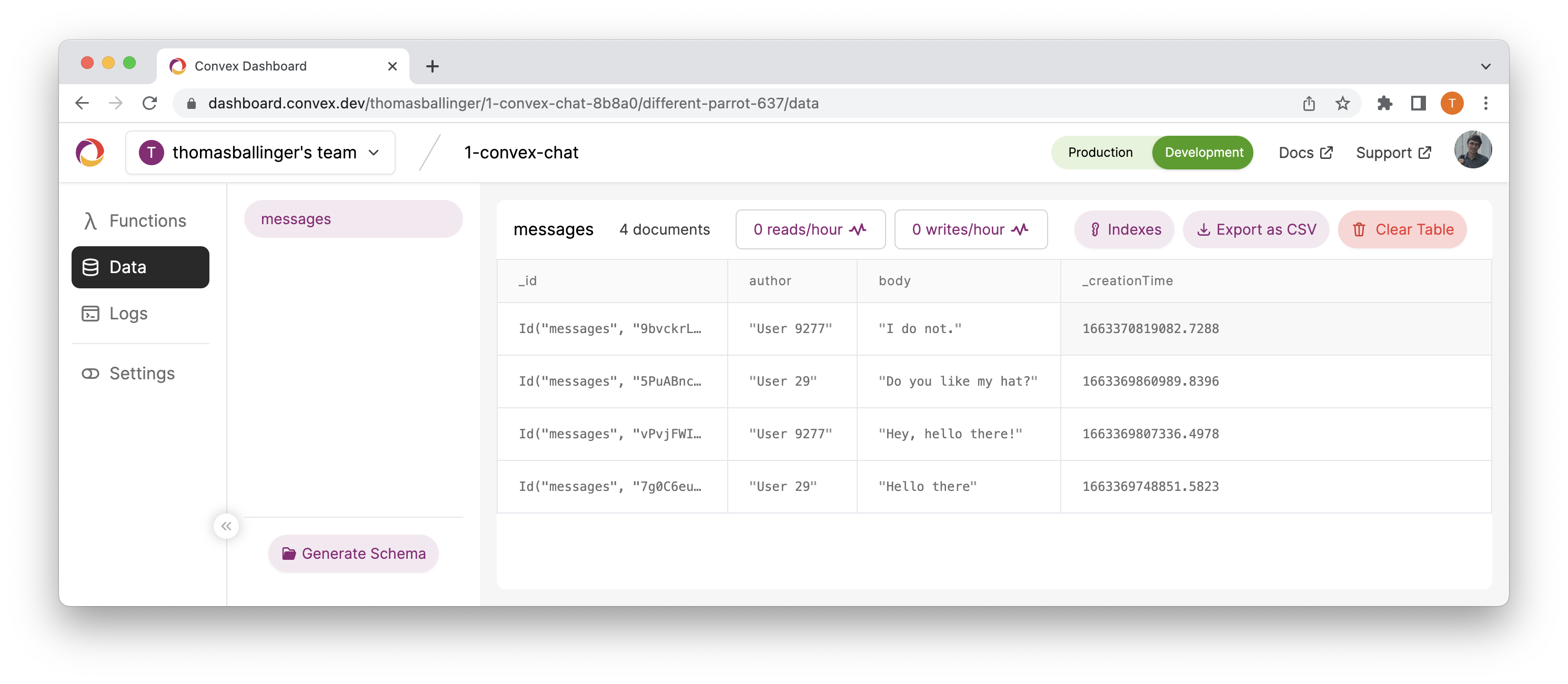 Messages table in the Dashboard
