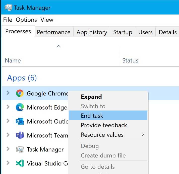 Kill Chrome task in windows task manager