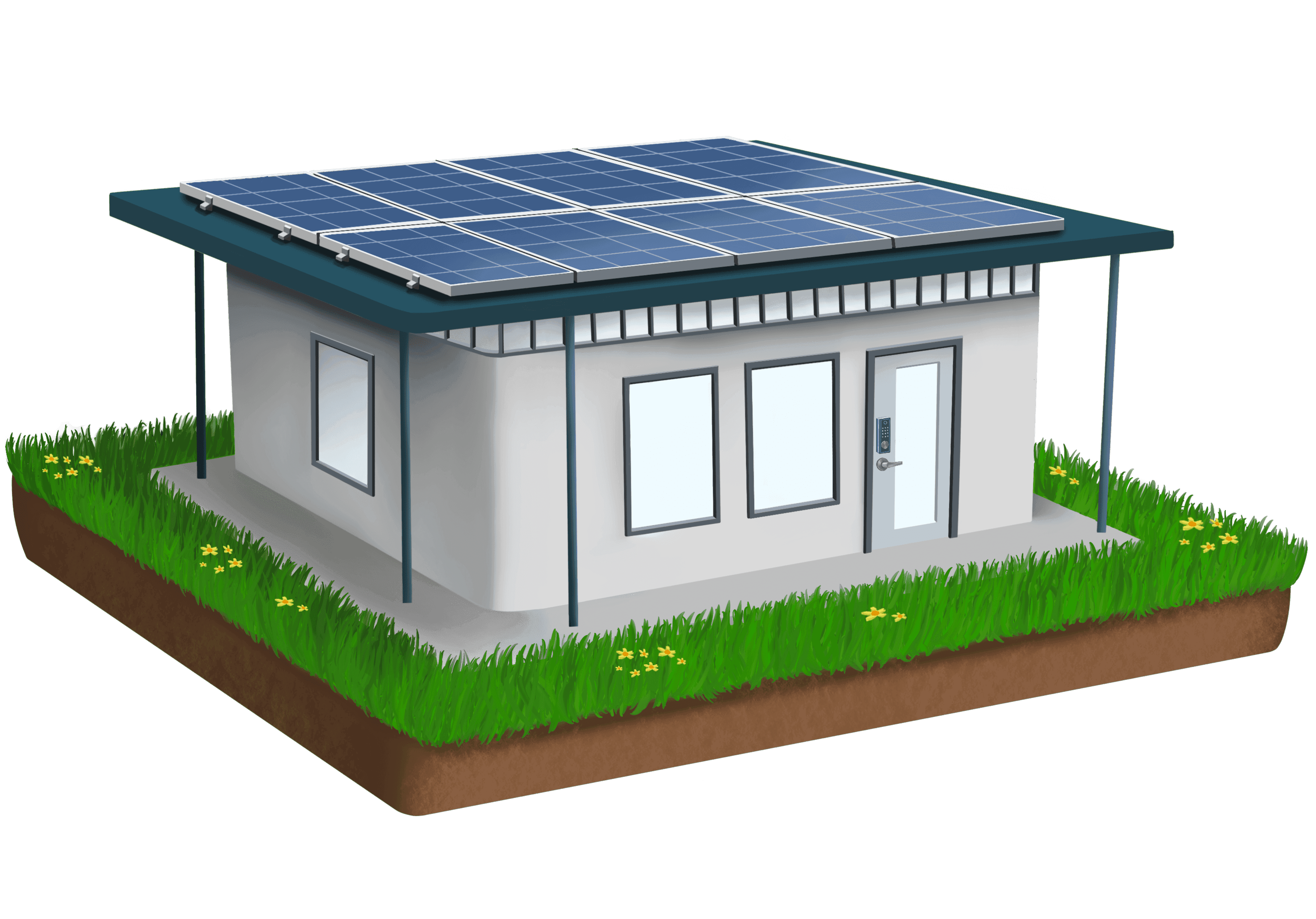 rendering of a 3D-printed plöt house with solar panels on the roof.