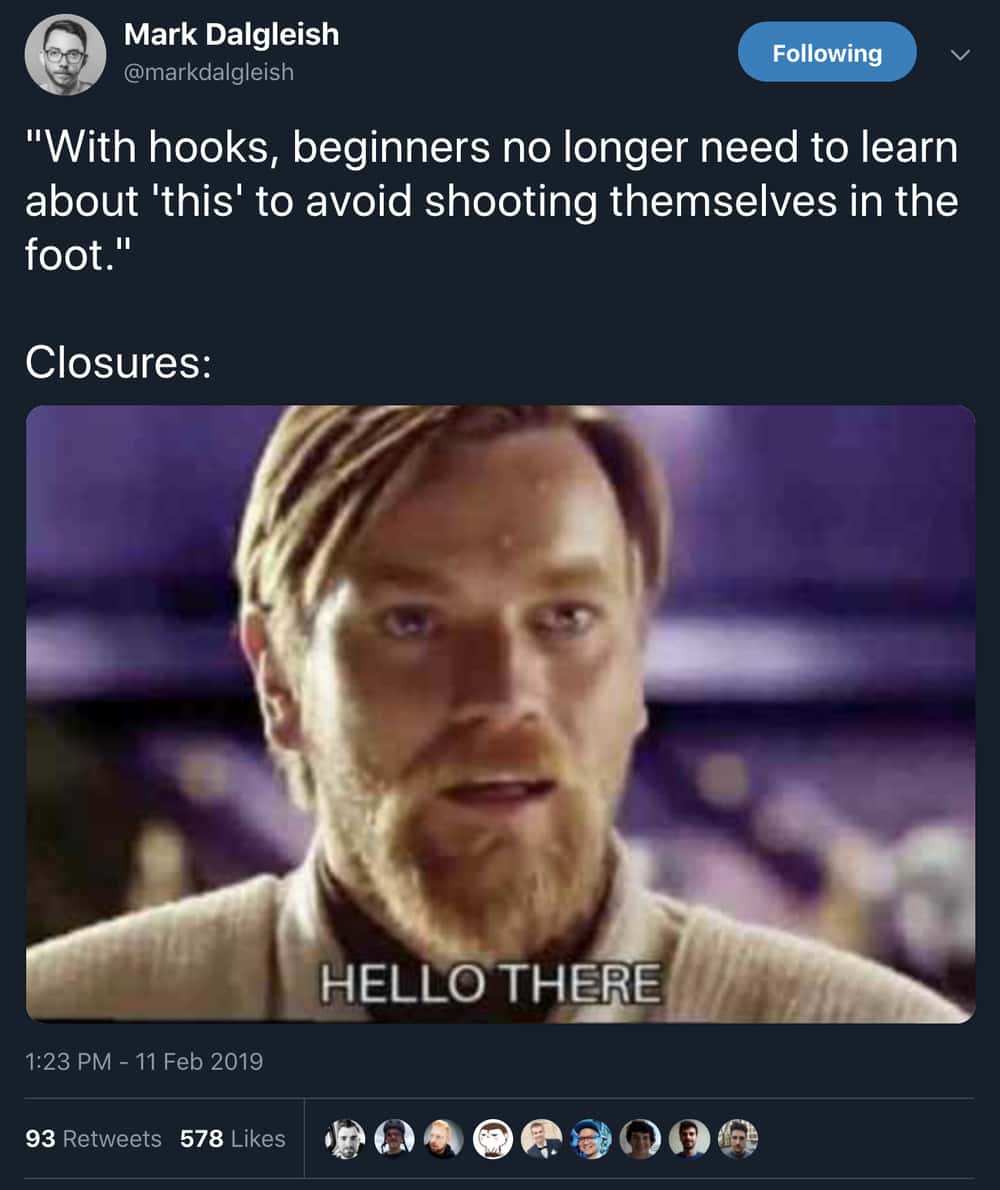 A Star Wars meme about React Hooks and closures