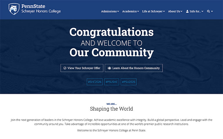 Screenshot of Schreyer Honors College Accepted Student website