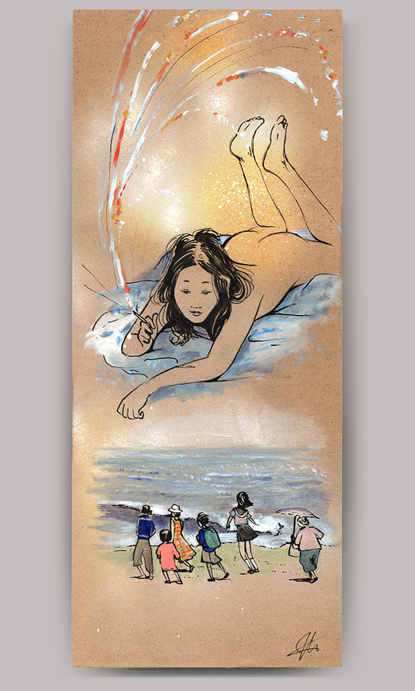 An acrylic painting on wood panel, titled 'The Shoplifters', of a nude woman lying on her stomach on a blanket while holding a cigarette. The cigarette is spraying fireworks and at the bottom a family is painted walking along the beach.