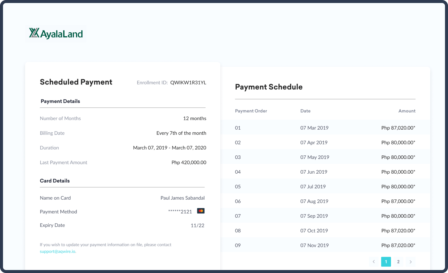 Payment Schedule Page