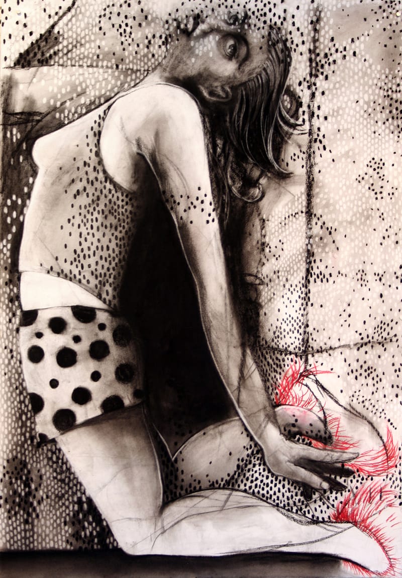 a charcoal drawing of a woman in pain from the red shoes she wears