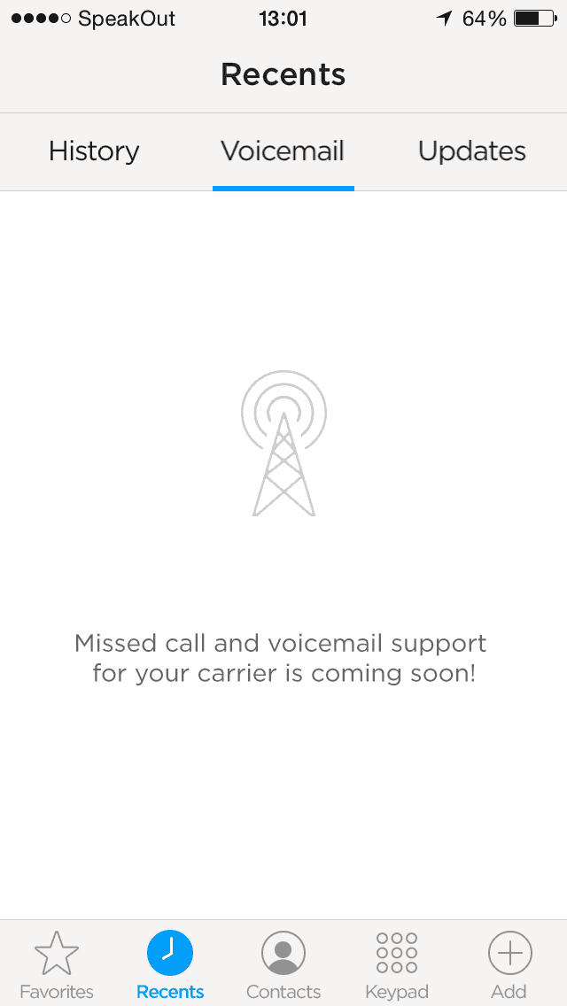 Screenshot of Missed call and voicemail support coming soon