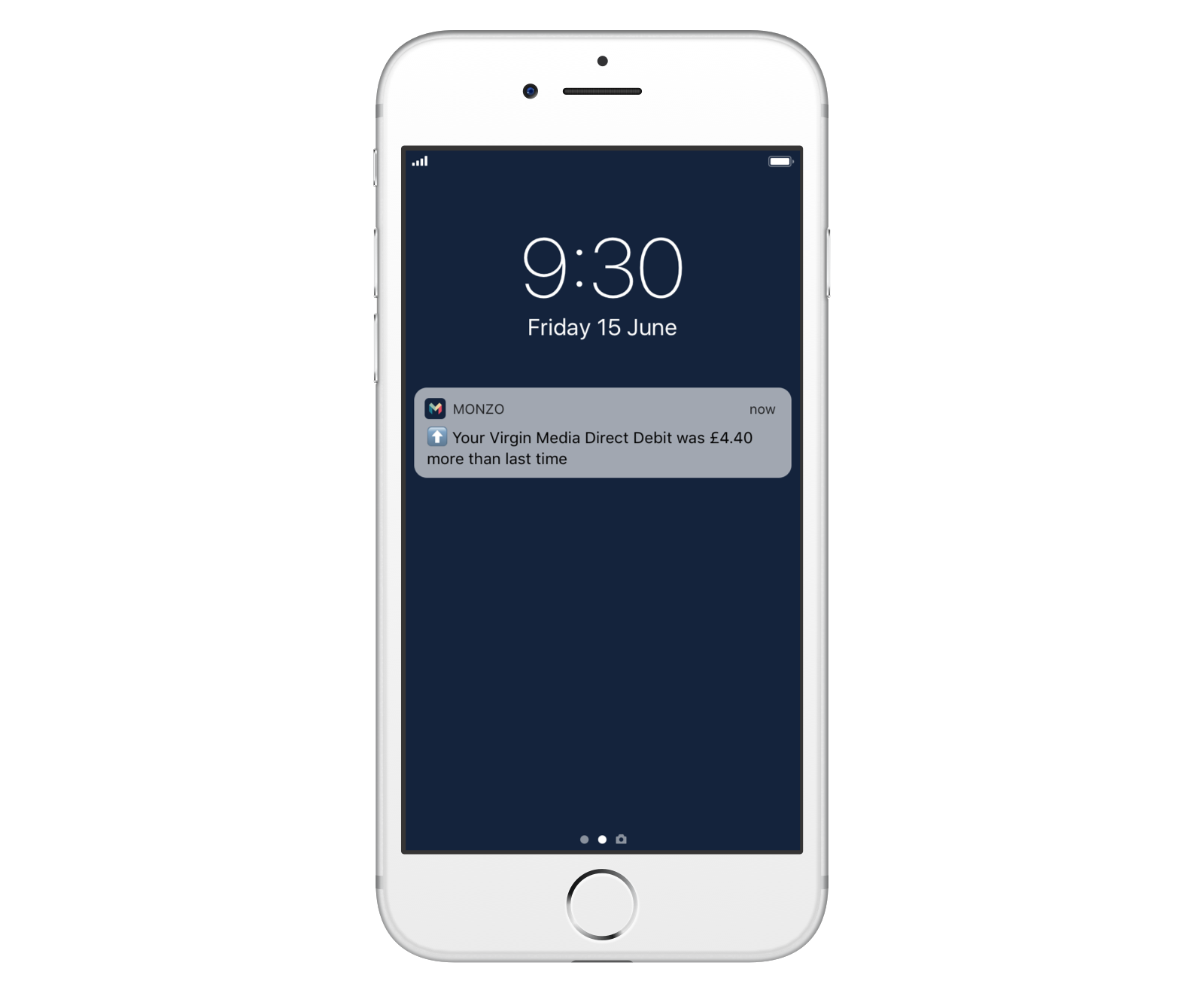 Phone screen showing a notification explaining that a direct debit to Virgin Media has increased by £4.40
