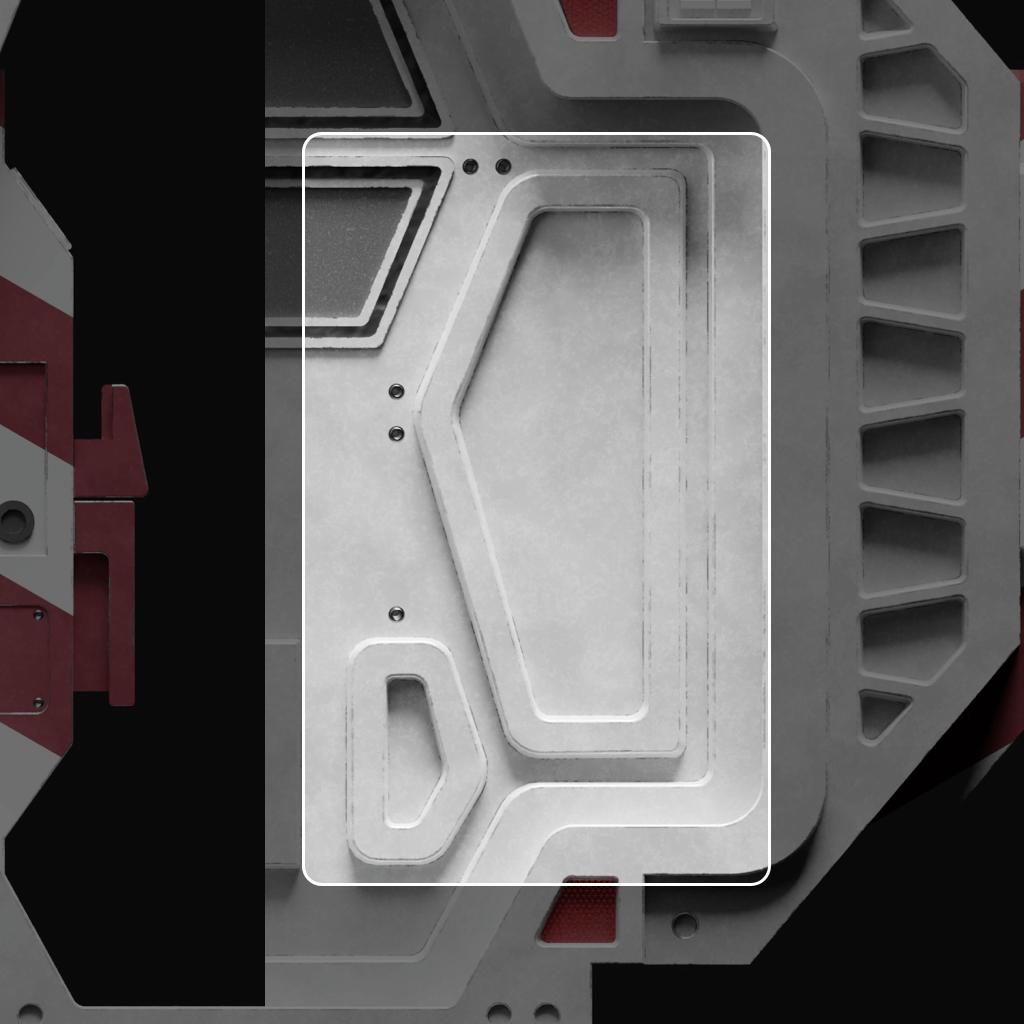Part of my bulkhead door model I made in Blender. In the middle, the outer door is highlighted, showing parts of it extruded from the surface.