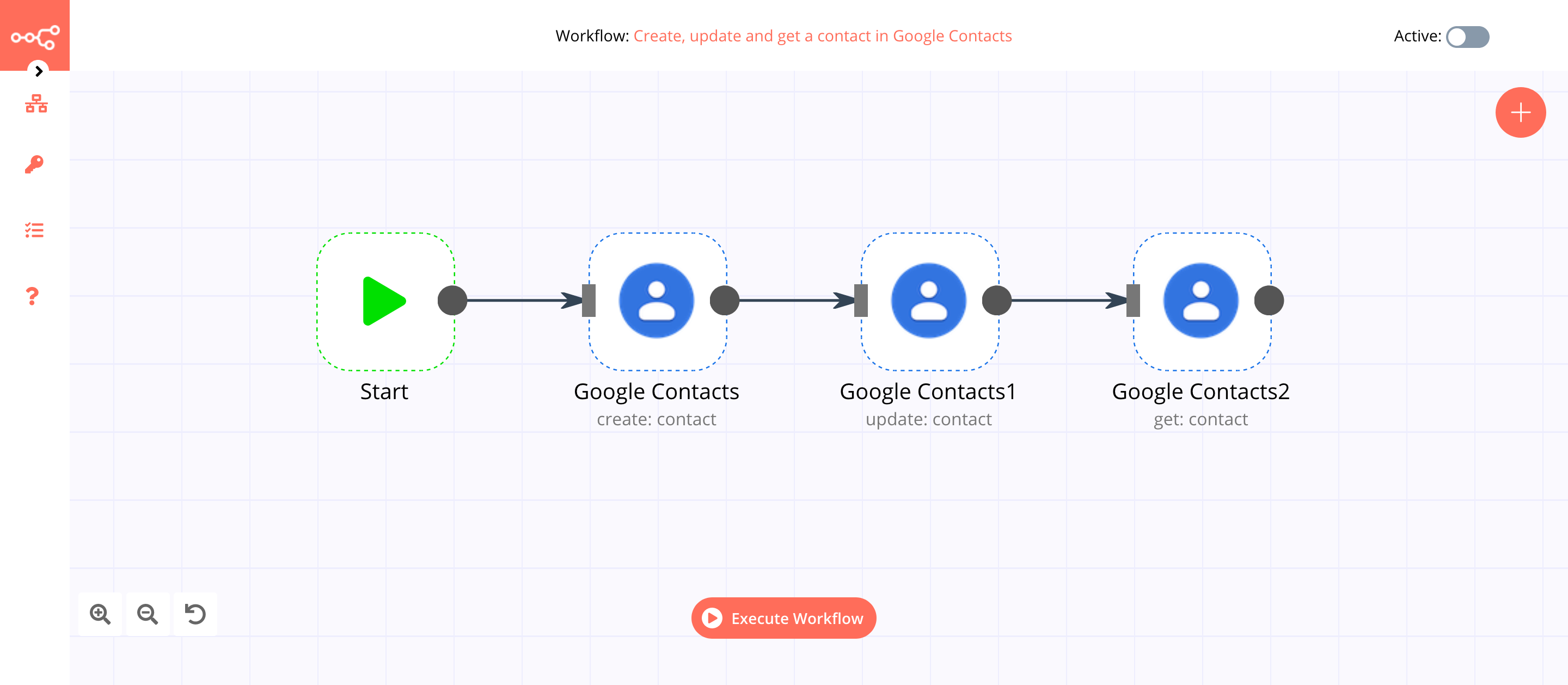 A workflow with the Google Contacts node