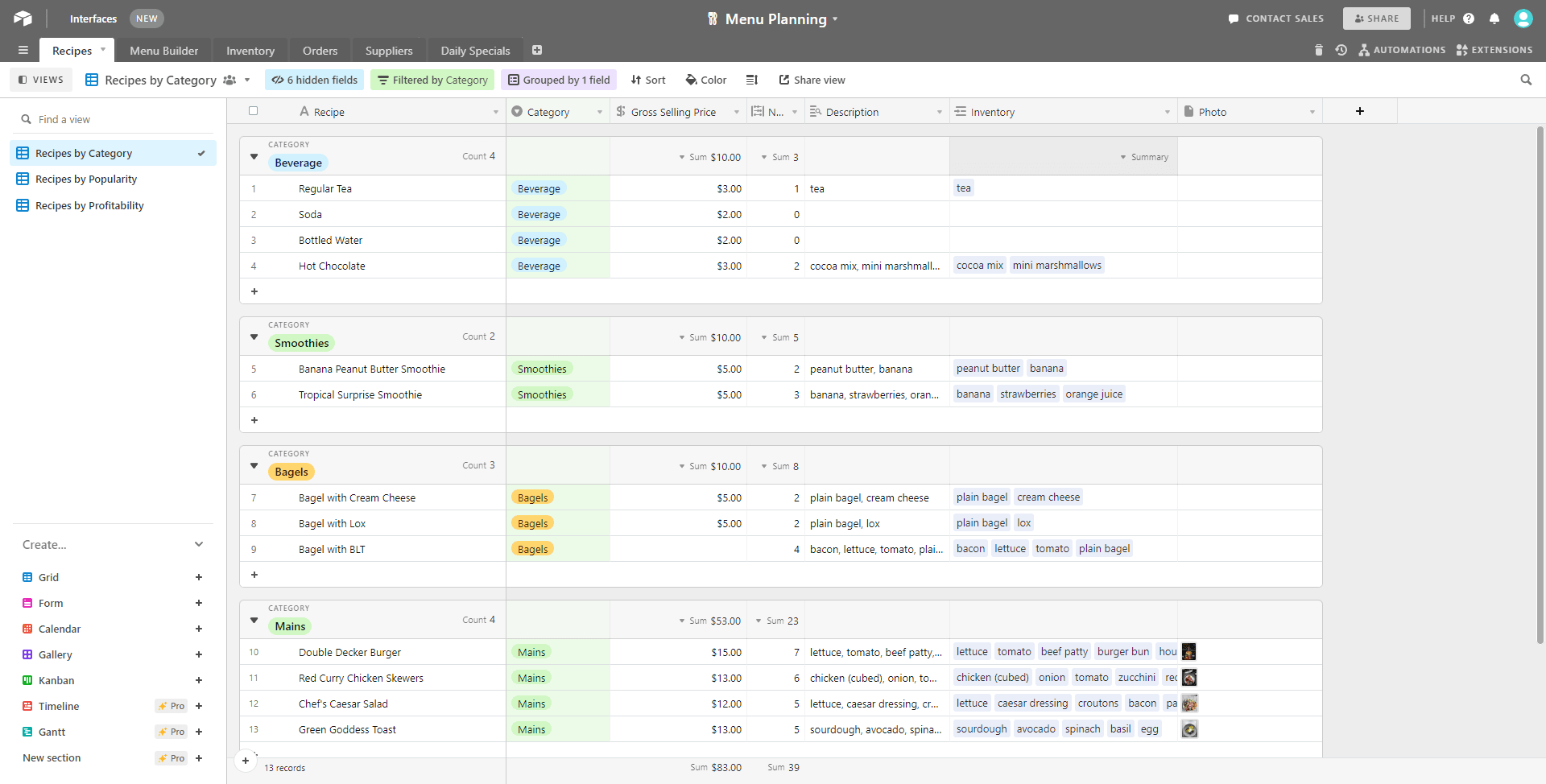 Screenshot of Airtable meal planning base recipes table