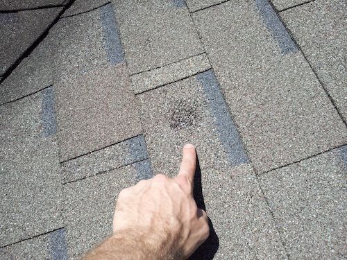 Man pointing at hail damage on roof with finger