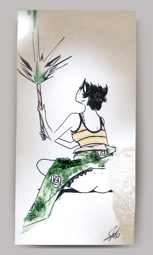 An acrylic painting on wood panel, titled 'Sympathy for Mr. Vengeance', of a woman wearing an orange and green striped tanktop sitting cross-legged on the ground facing away with sparking roman candle.