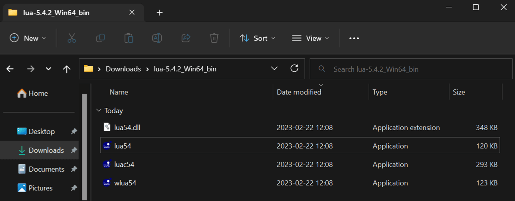 An open Windows Explorer window, the Downloads folder is selected showing the extracted files from the Lua download. The file 'lua54' is highlighted.
