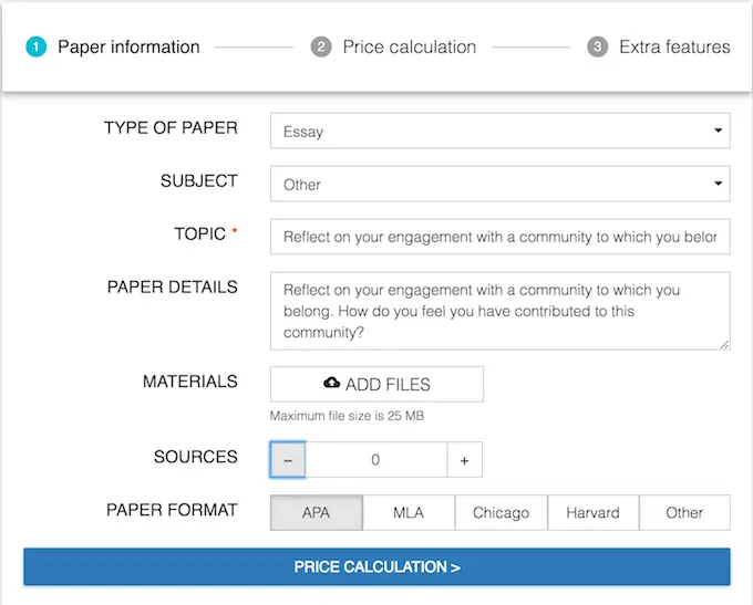 speedypaper.com filling paper information when ordering