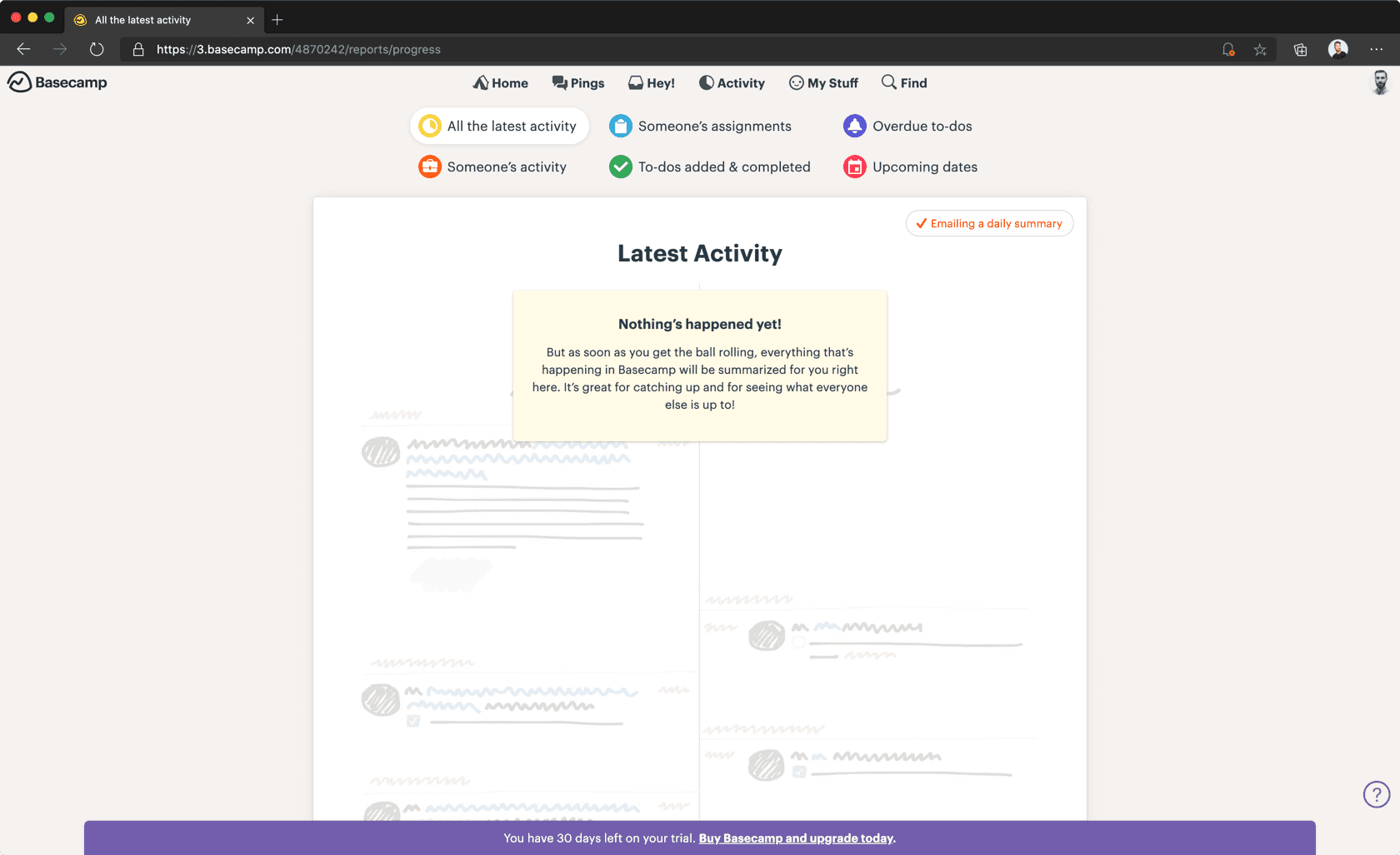 Screenshot of No activity in Basecamp for the web